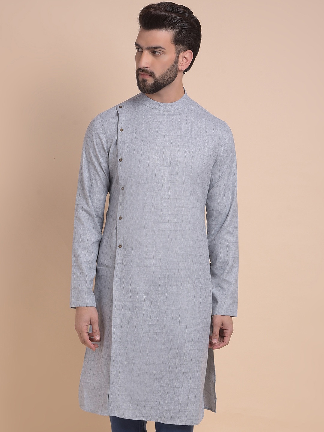 

Anouk Silver Toned Checked Mandarin Collar Jacquard Angrakha Kurta