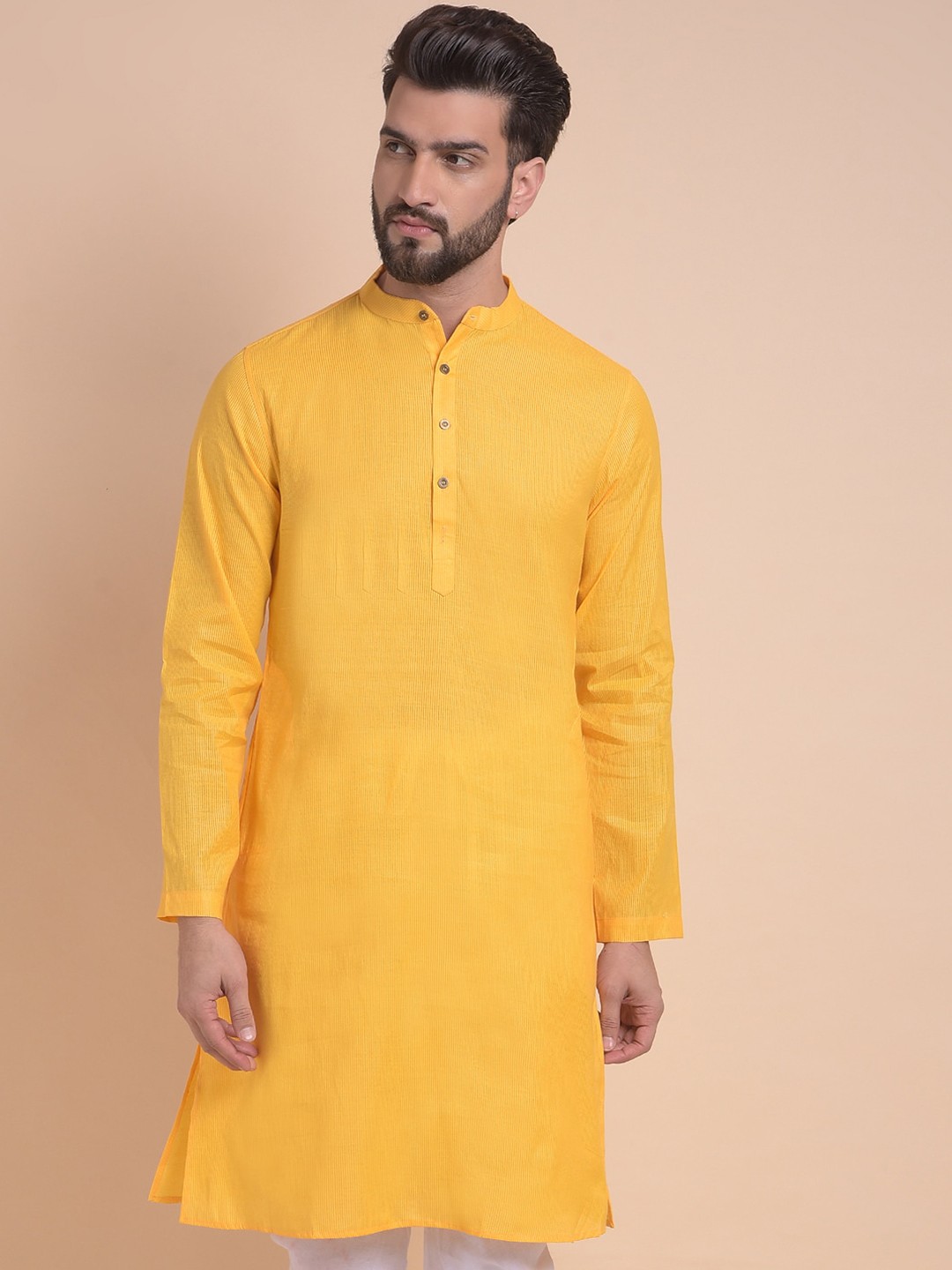 

Anouk Striped Band Collar Straight Kurta, Yellow