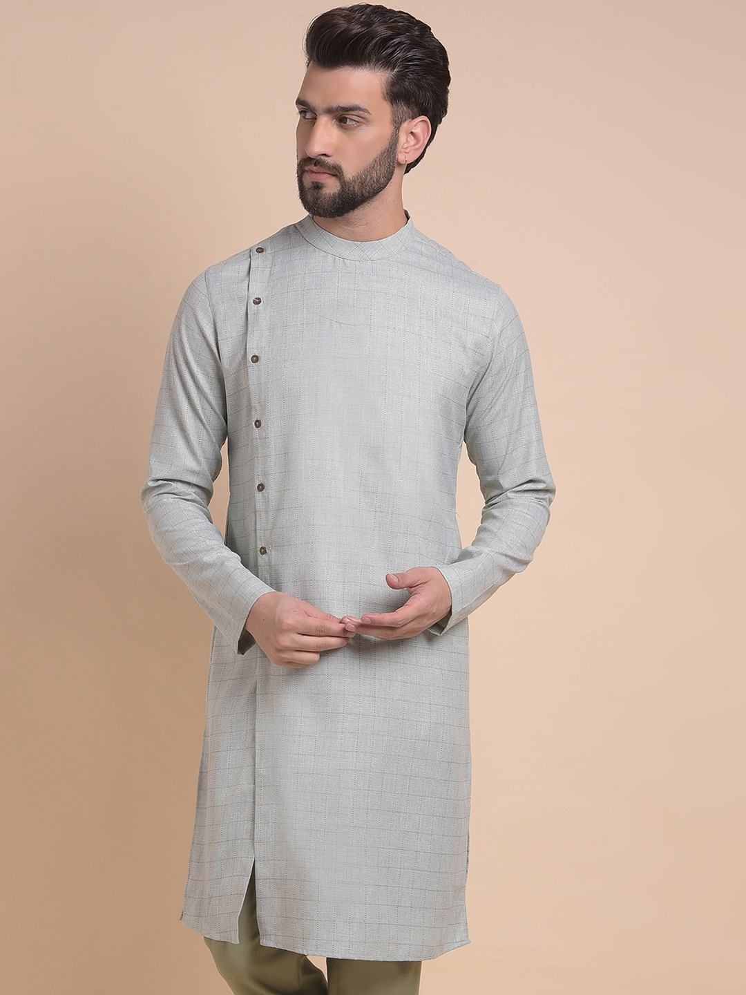 

Anouk Checked Band Collar Straight Kurta, Grey