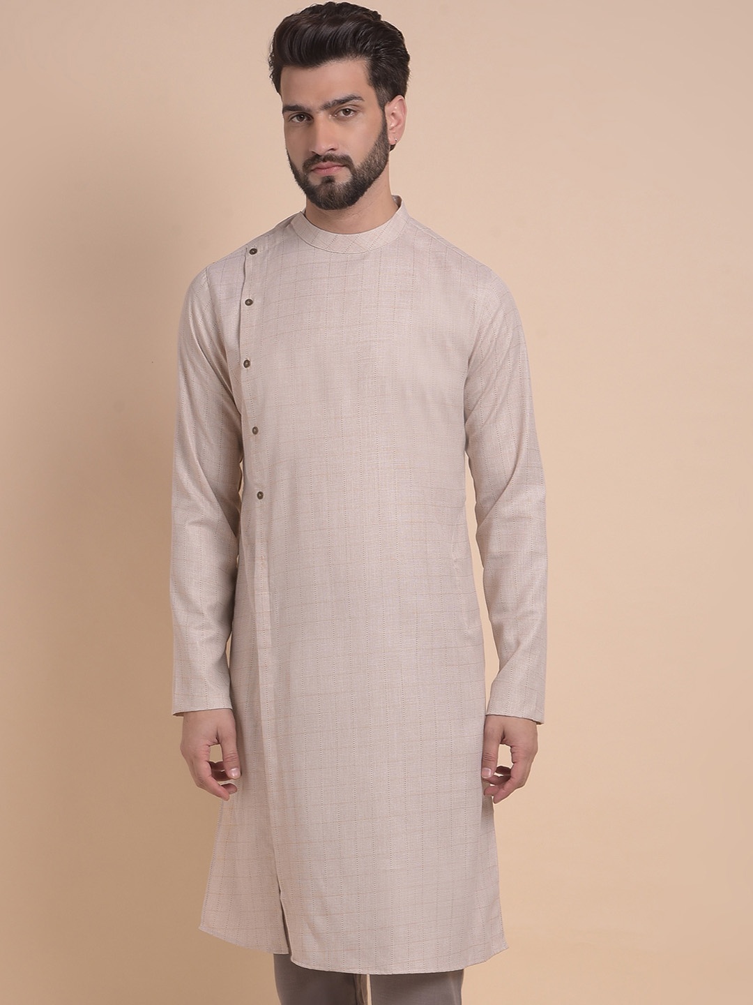 

Anouk Brown Checked Mandarin Collar Jacquard Kurta