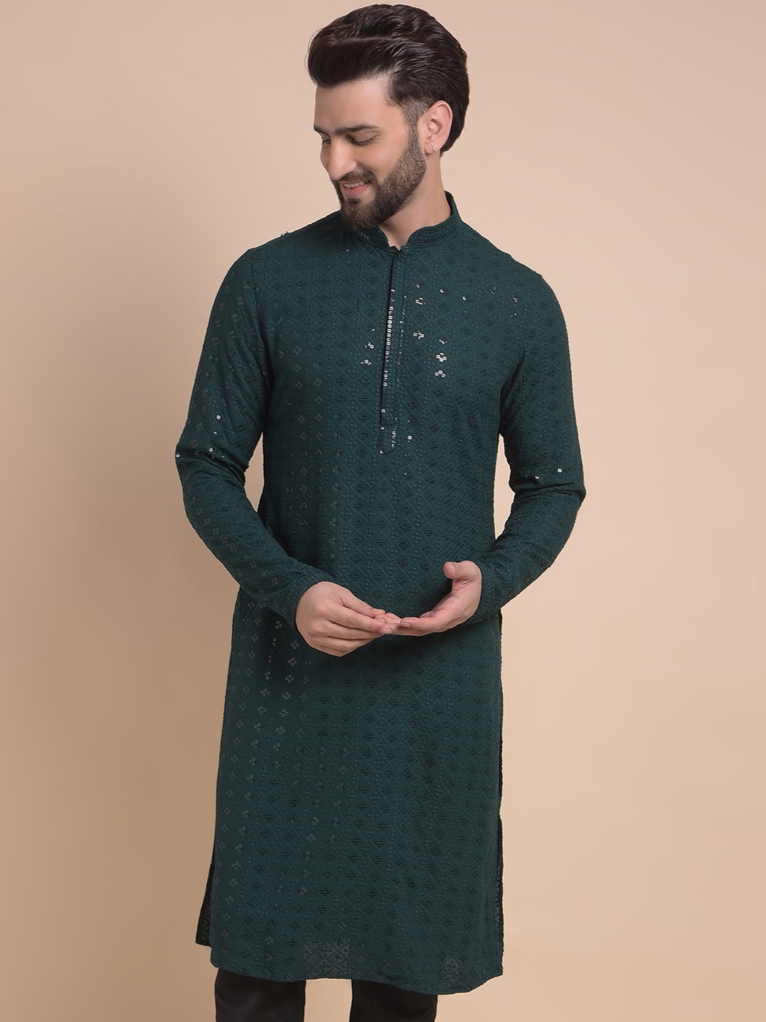 

Anouk Green Geometric Embroidered Mandarin Collar Sequined Straight Kurta