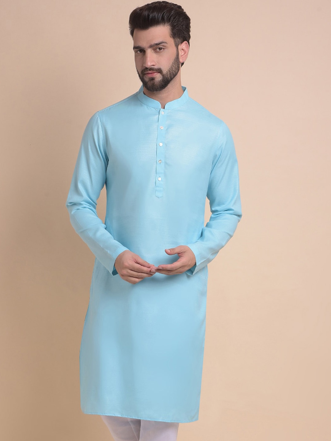 

Anouk Blue Mandarin Collar Long Sleeves Cotton Silk Straight Kurta