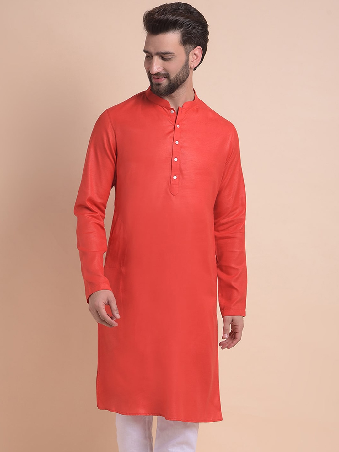 

Anouk Red Mandarin Collar Long Sleeves Cotton Silk Straight Kurta