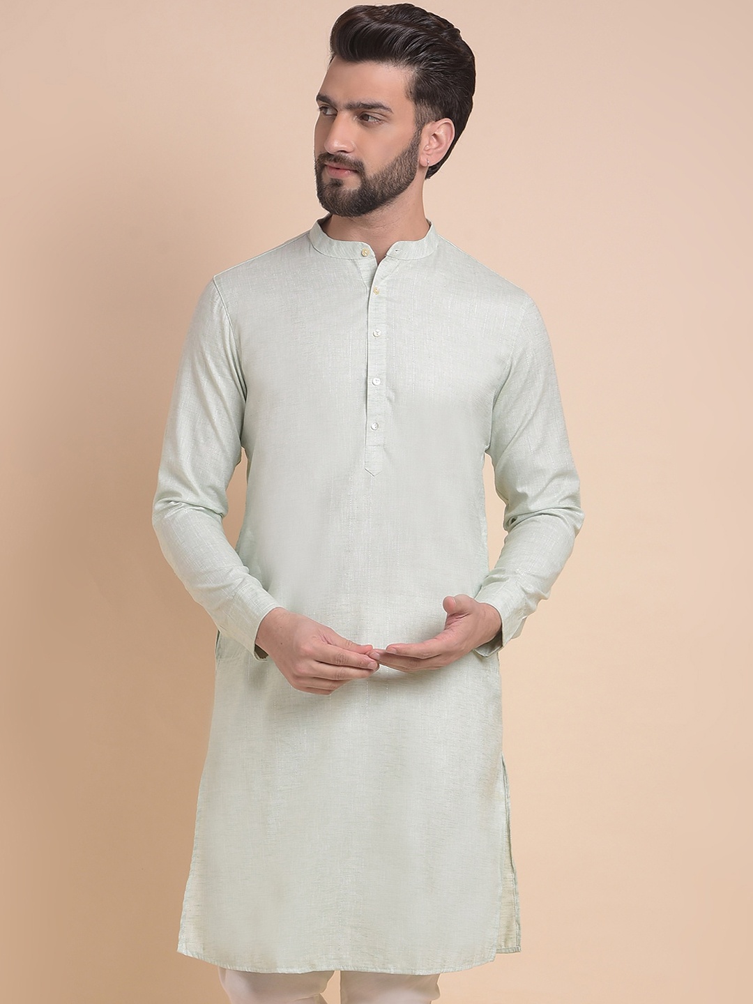 

Anouk Green Striped Band Collar Long Sleeves Straight Kurta