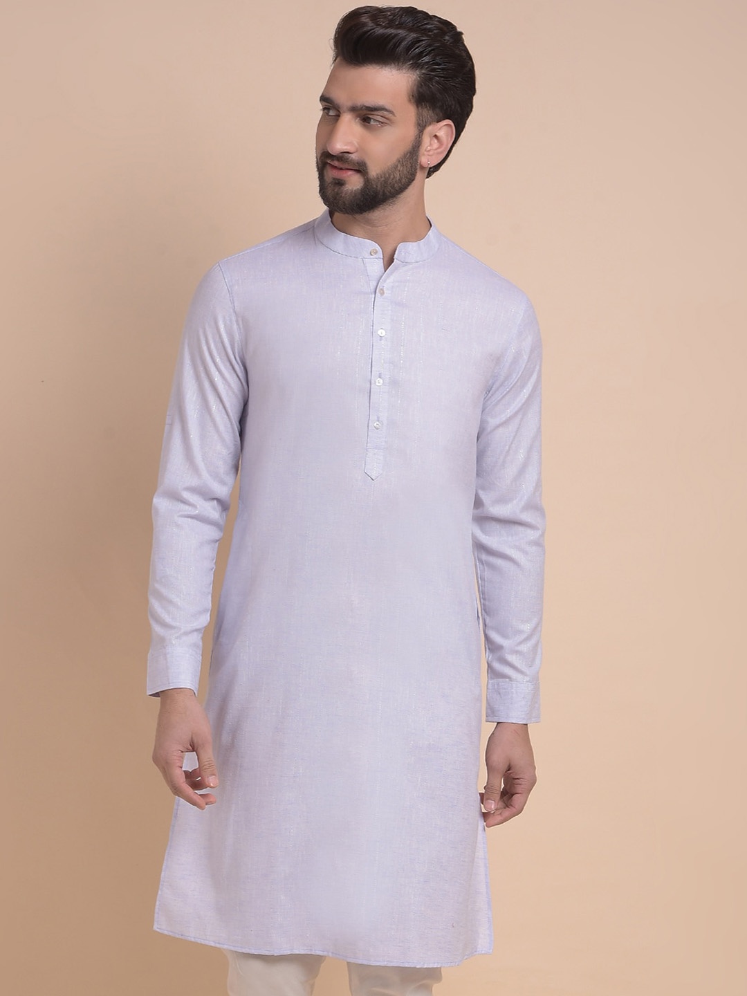 

Anouk Purple Striped Band Collar Long Sleeves Straight Kurta