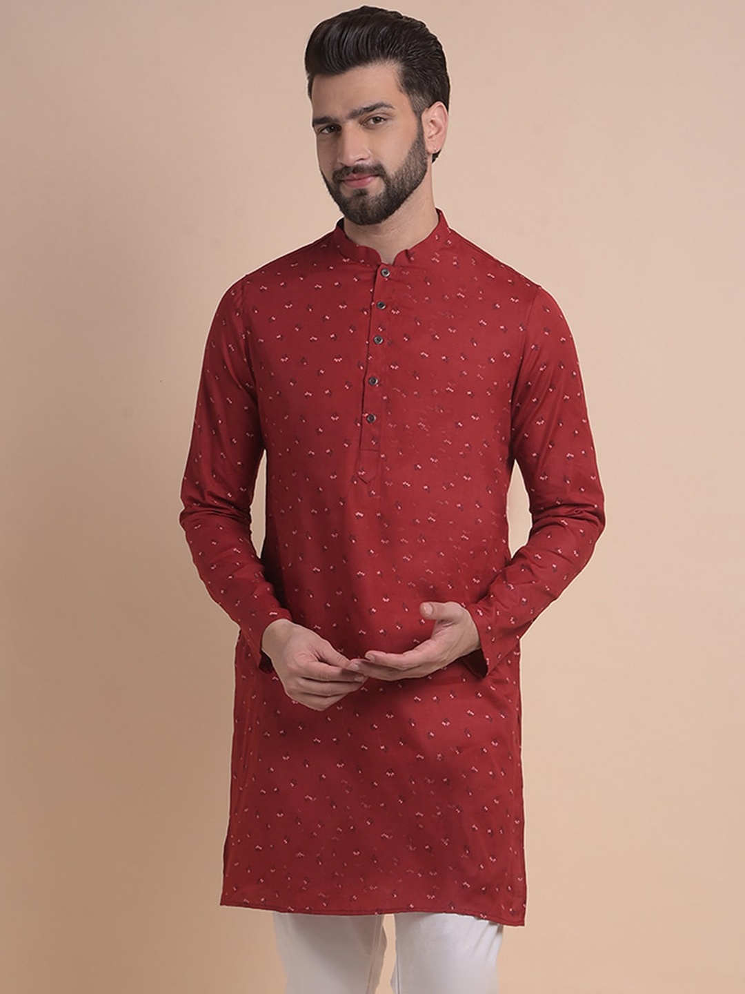 

Anouk Red Floral Printed Mandarin Collar Cotton Kurta