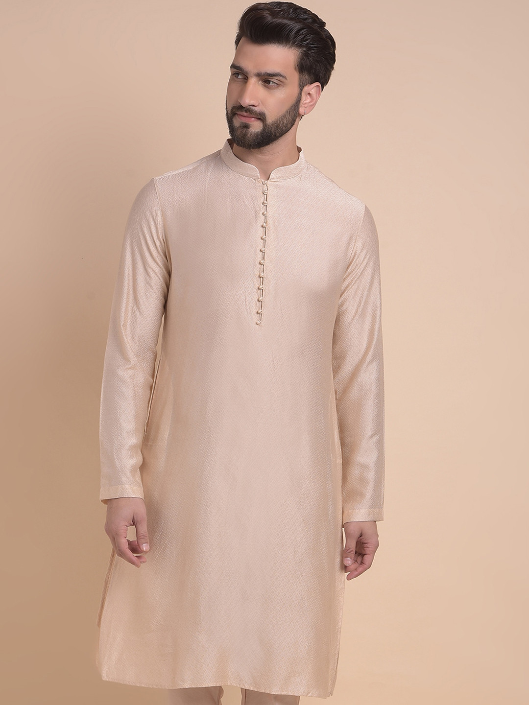 

Anouk Mauve Ethnic Motifs Woven Design Mandarin Collar Jacquard Straight Kurta