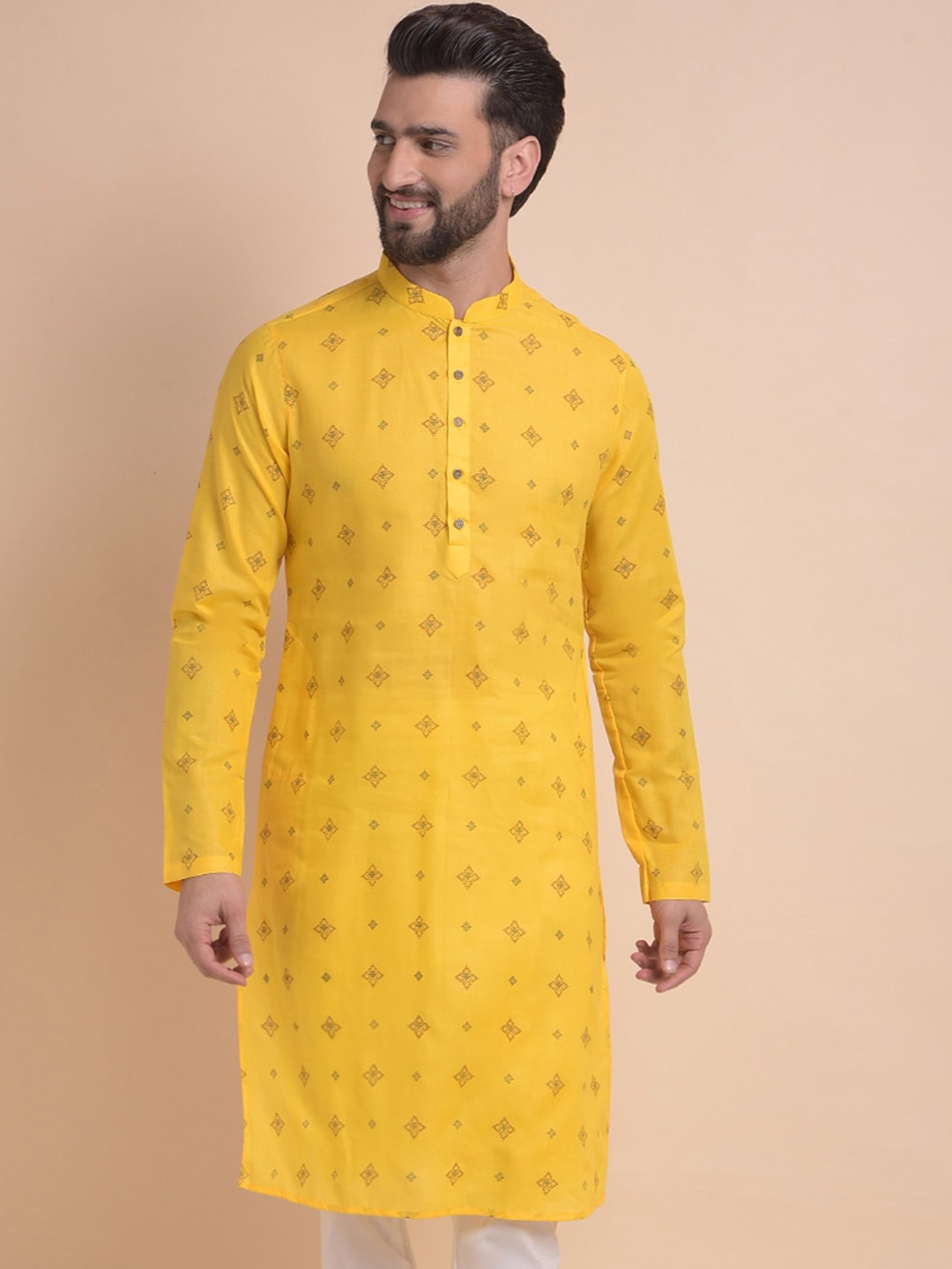 

Anouk Yellow Geometric Printed Mandarin Collar Cotton Kurta