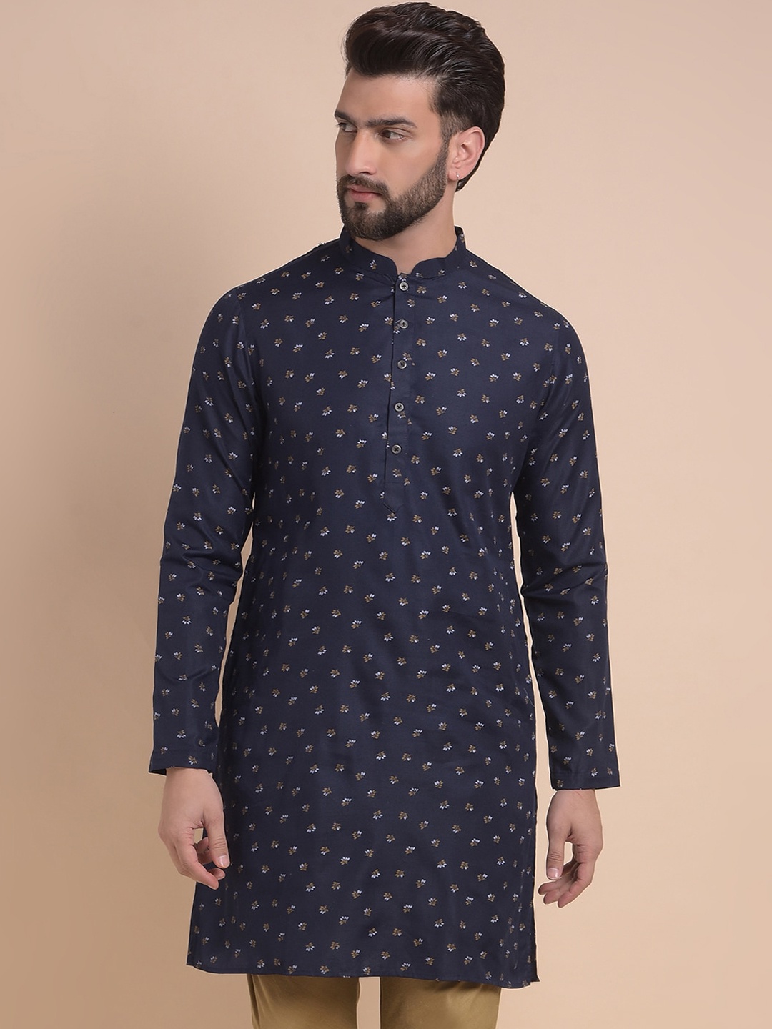 

Anouk Navy Blue Ethnic Motifs Printed Mandarin Collar Straight Kurta