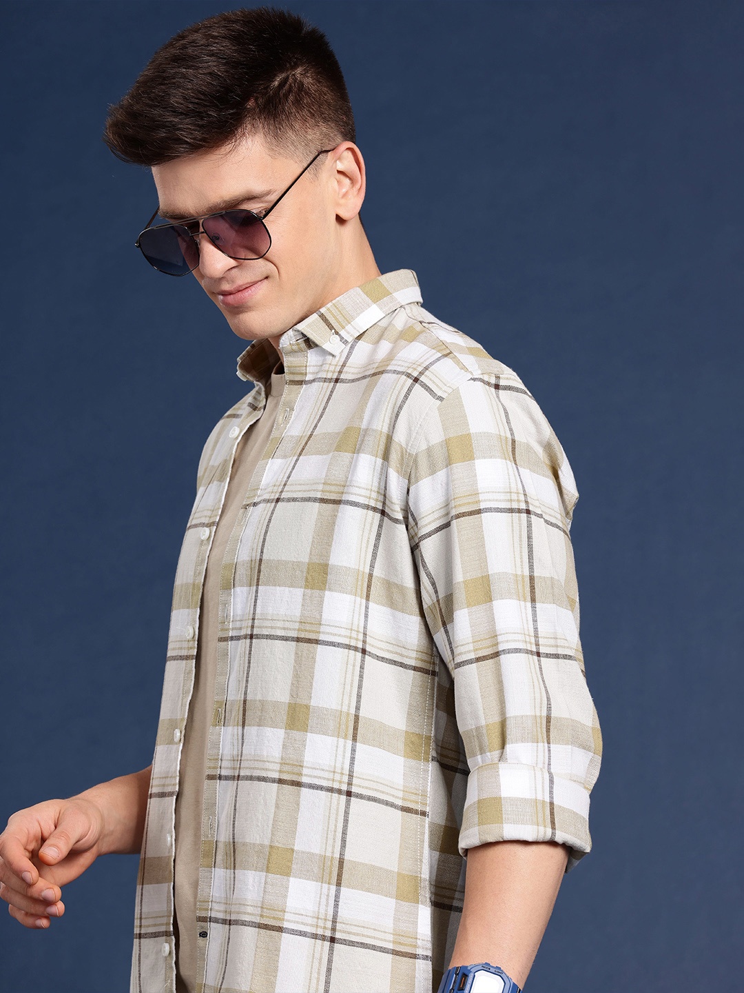 

Mast & Harbour Men Standard Tartan Checked Cotton Casual Shirt, Beige
