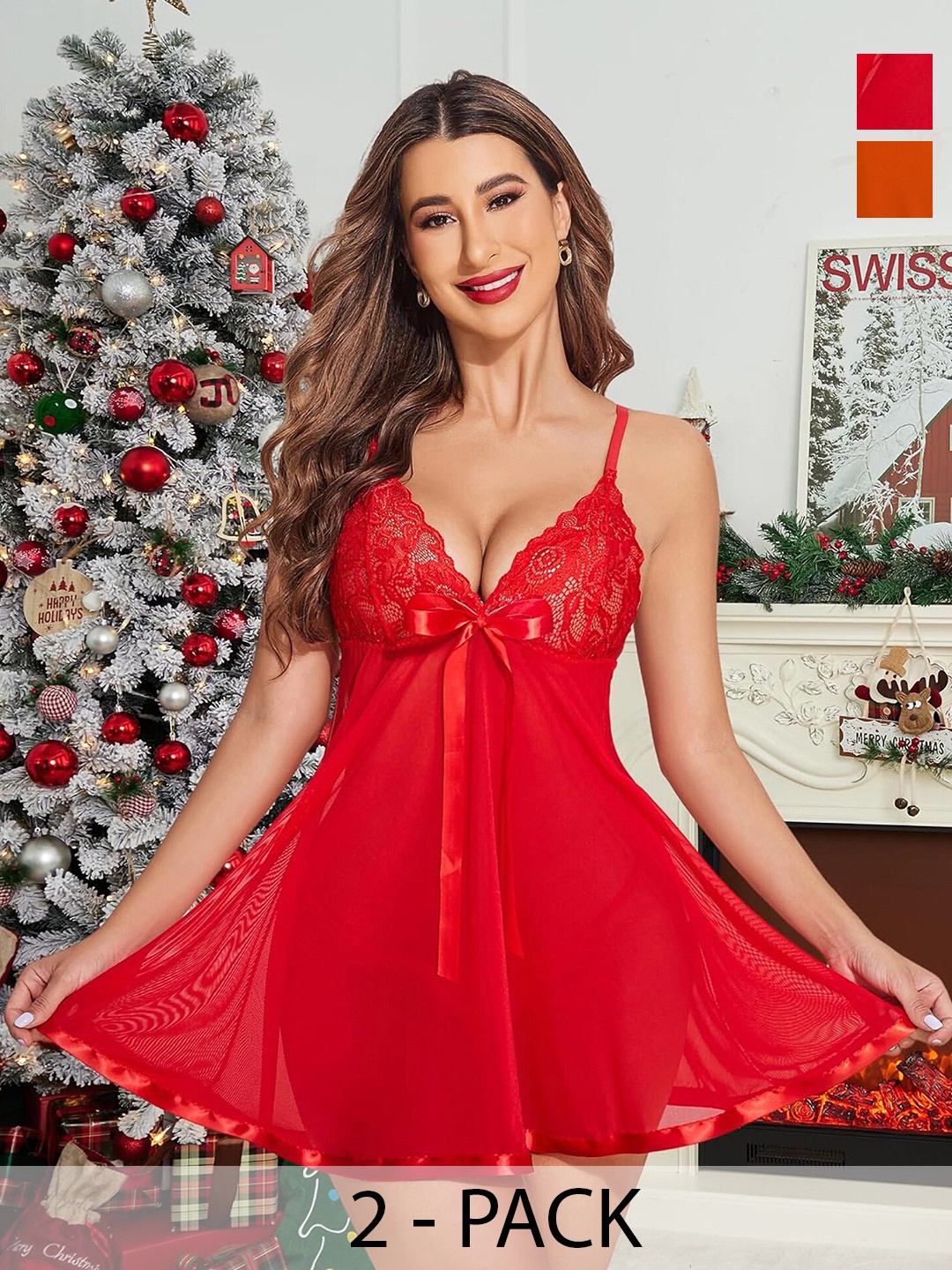 PIBU Women Net Baby Doll Pack of 2, Red