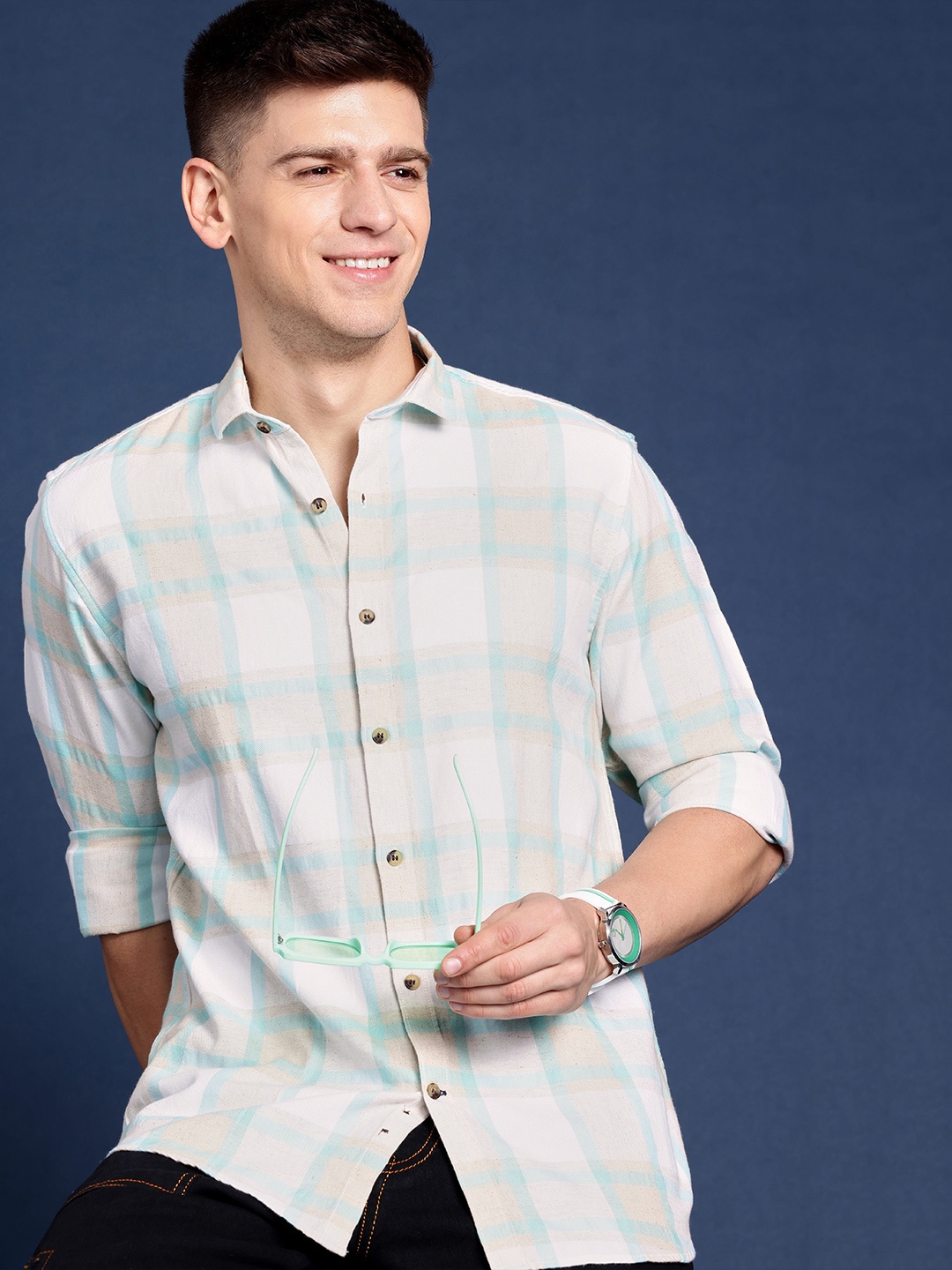 

Mast & Harbour Men Standard Opaque Checked Cotton Casual Shirt, Sea green