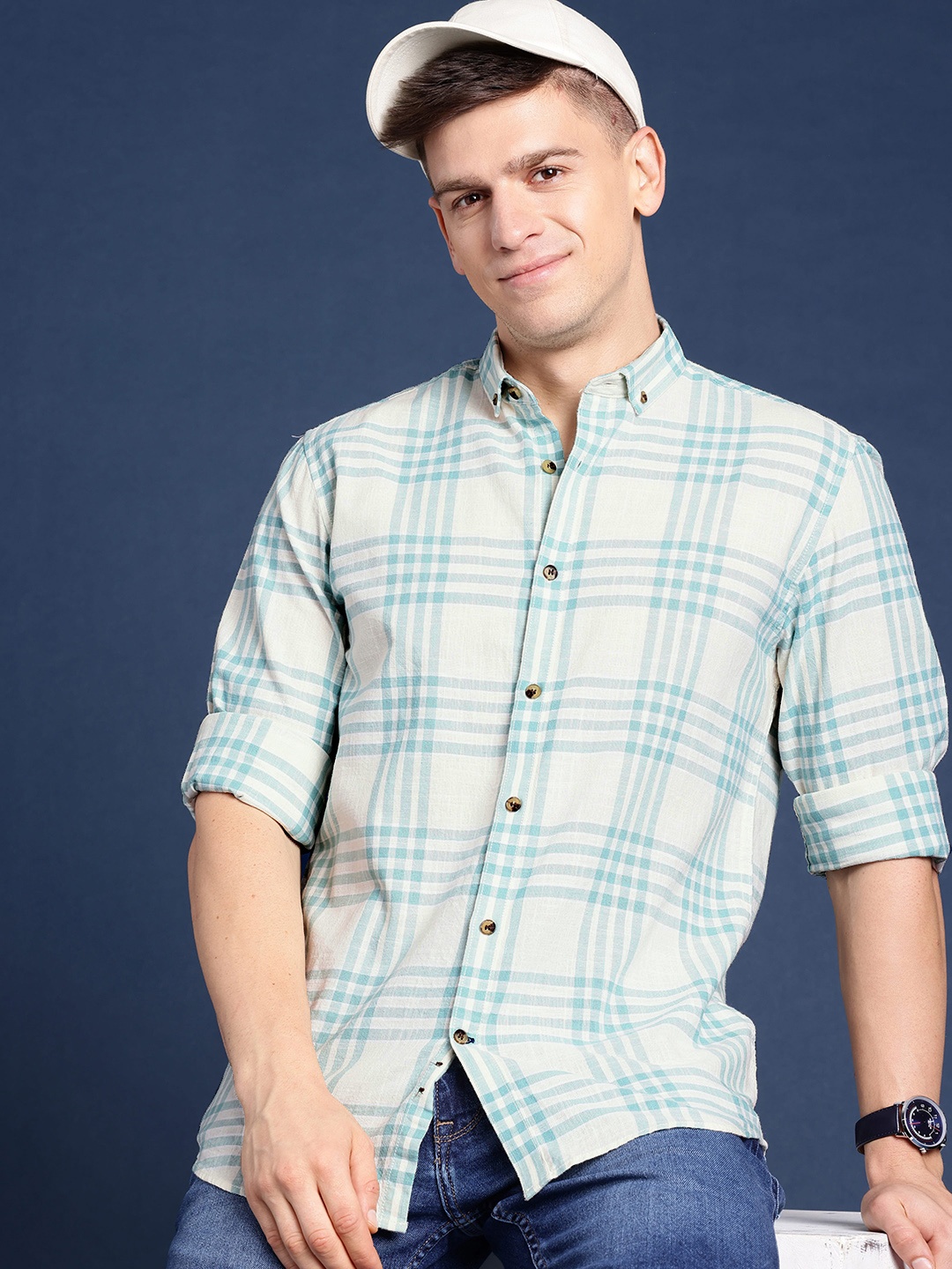 

Mast & Harbour Men Standard Tartan Checked Cotton Casual Shirt, Sea green