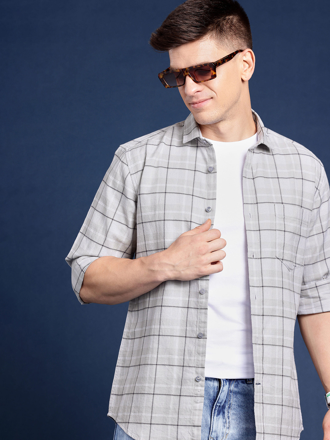 

Mast & Harbour Men Standard Windowpane Checked Cotton Casual Shirt, Grey