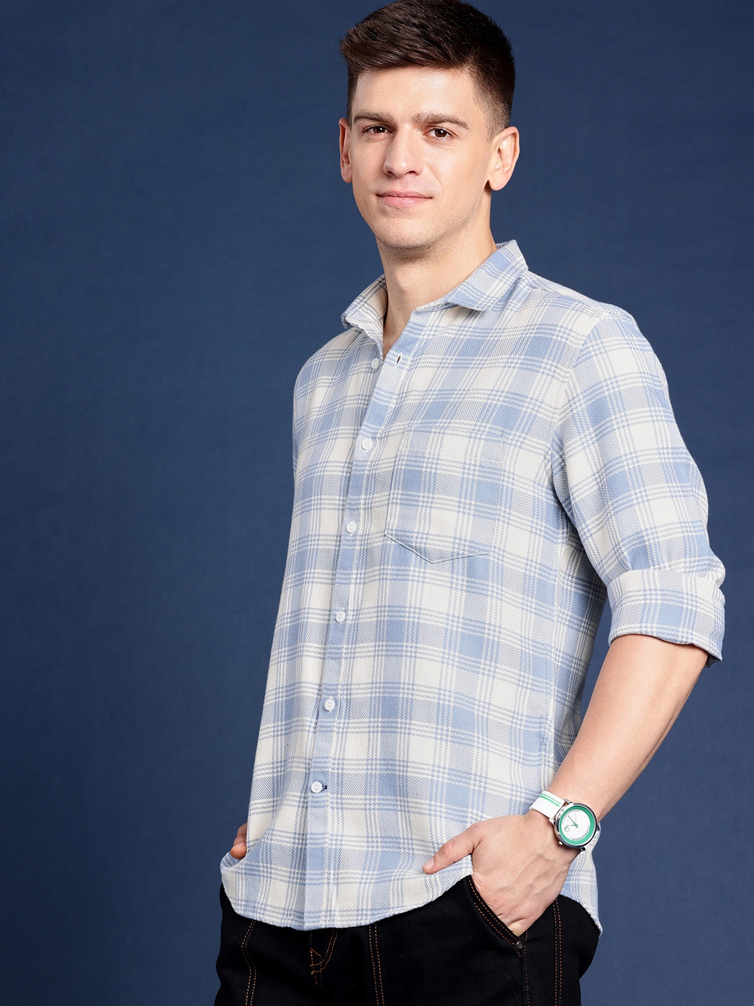 

Mast & Harbour Men Standard Tartan Checked Cotton Casual Shirt, Blue