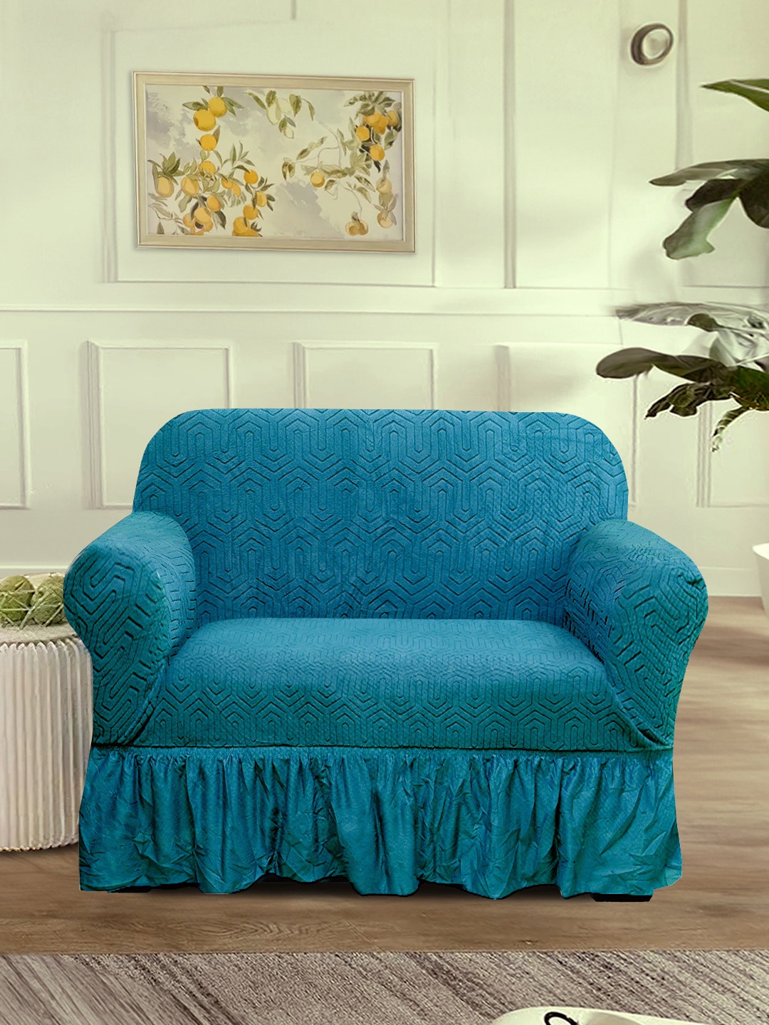 Cortina Blue Solid Jacquard 1 Piece Sofa Cover With Arms