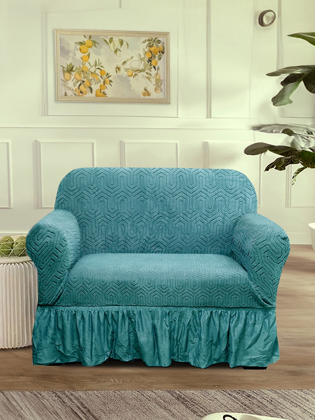 

Cortina Turquoise Blue Jacquard 1 Piece Sofa Cover With Arms