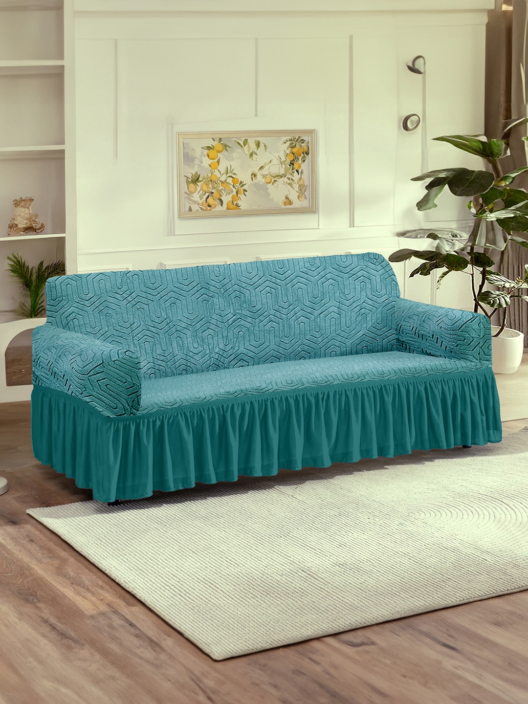 

Cortina Turquoise Blue Jacquard 1 Piece Sofa Cover With Arms