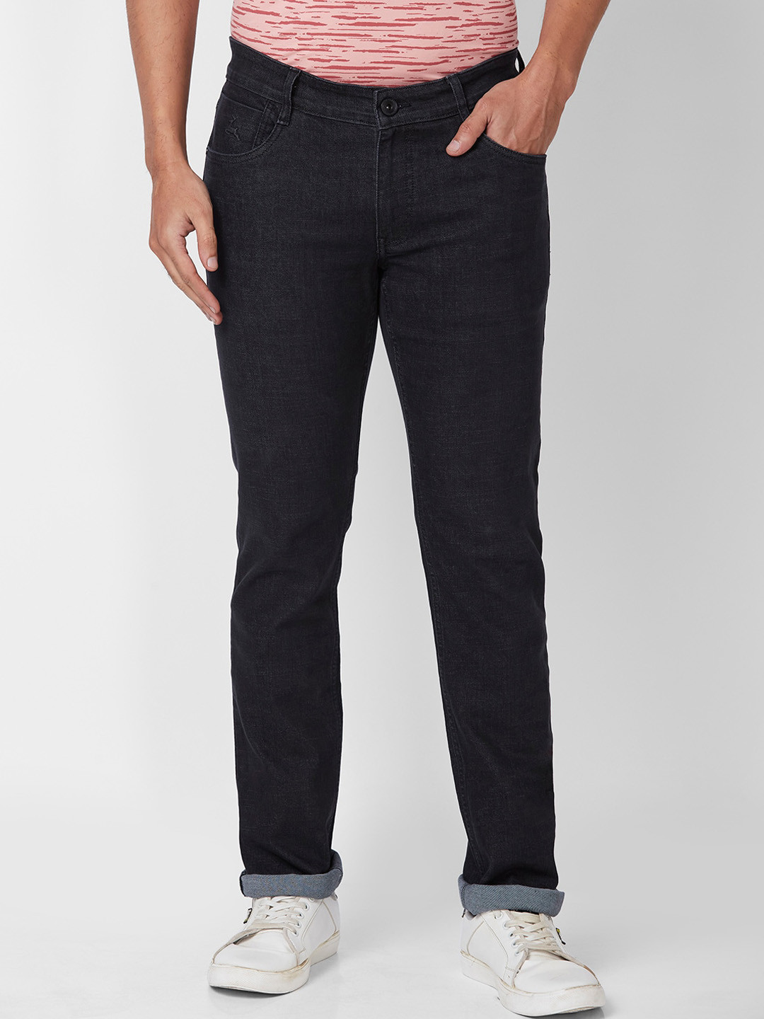

Parx Men Tapered Fit Low-Rise Clean Look Jeans, Black