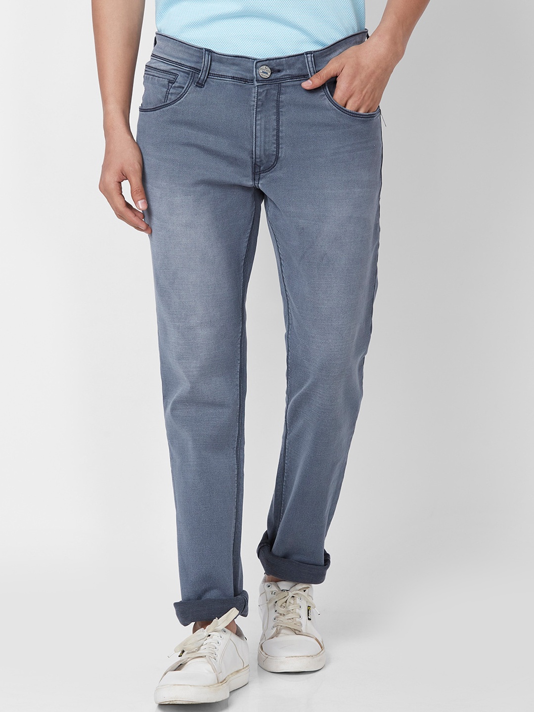 

Parx Men Tapered Fit Low-Rise Heavy Fade Clean Look Stretchable Jeans, Grey