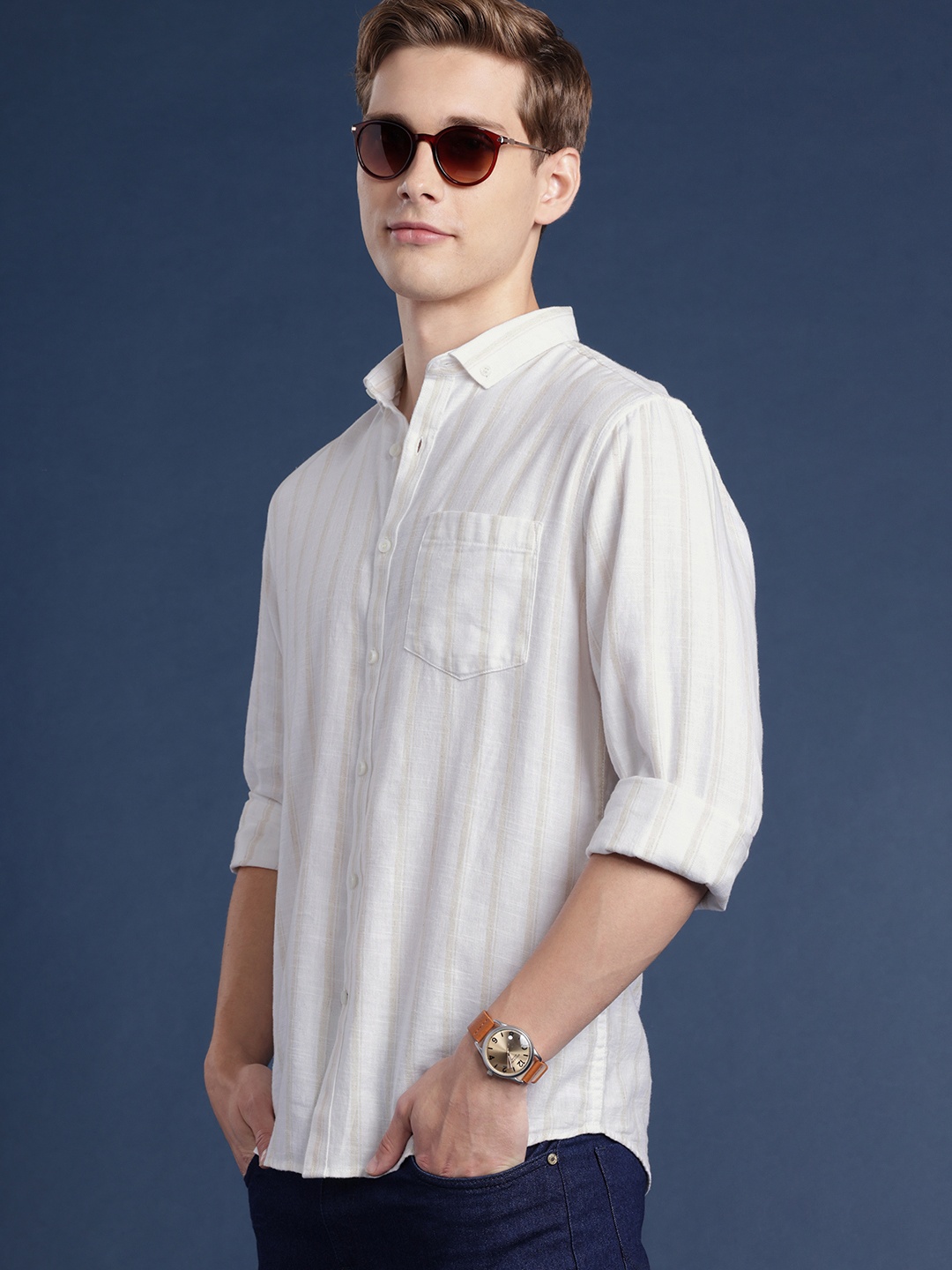 

Mast & Harbour Men Standard Checked Pure Cotton Casual Shirt, Off white