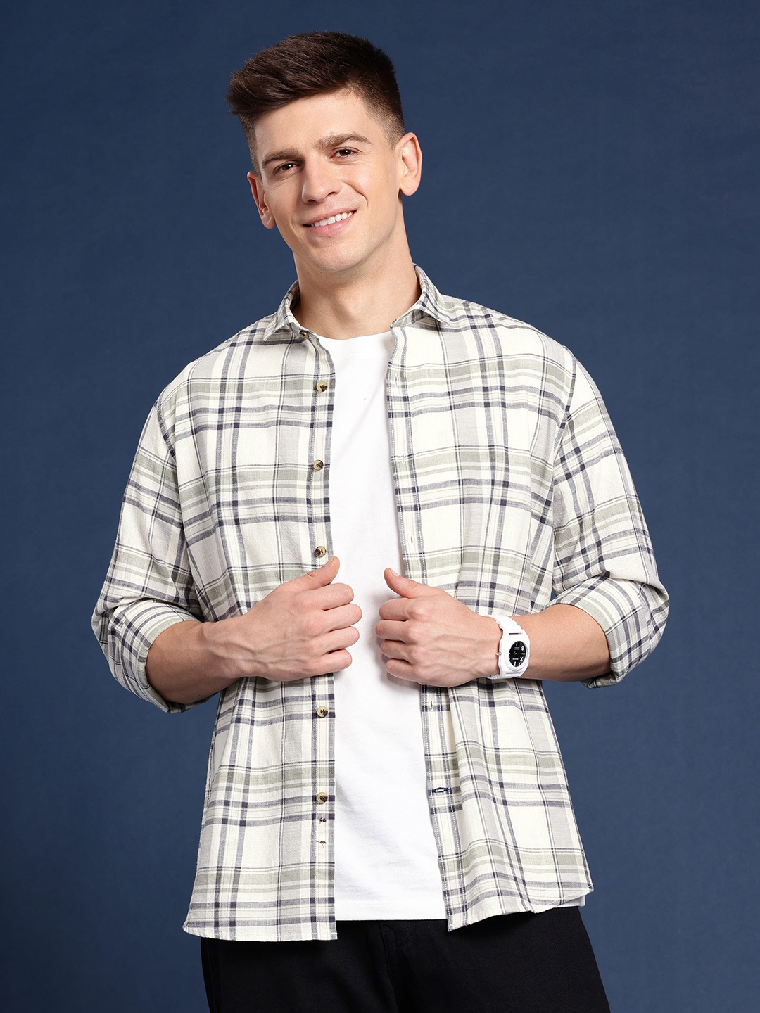 

Mast & Harbour Men Standard Checked Pure Cotton Casual Shirt, Green
