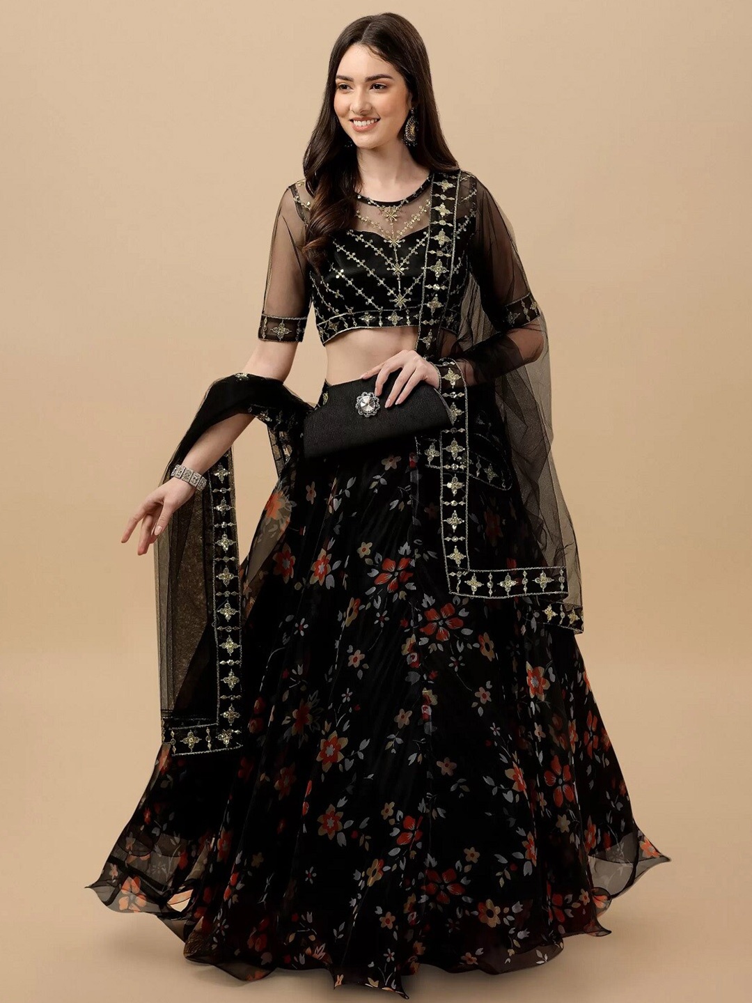 

BAESD Embroidered Sequinned Semi-Stitched Lehenga & Unstitched Blouse With Dupatta, Black