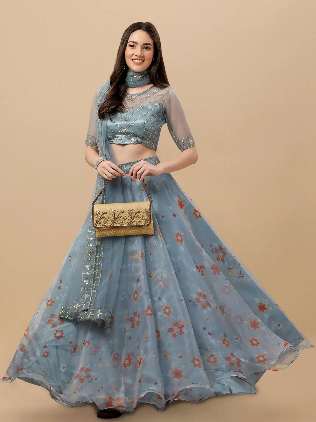 

BAESD Embroidered Thread Work Semi-Stitched Lehenga & Unstitched Blouse With Dupatta, Grey
