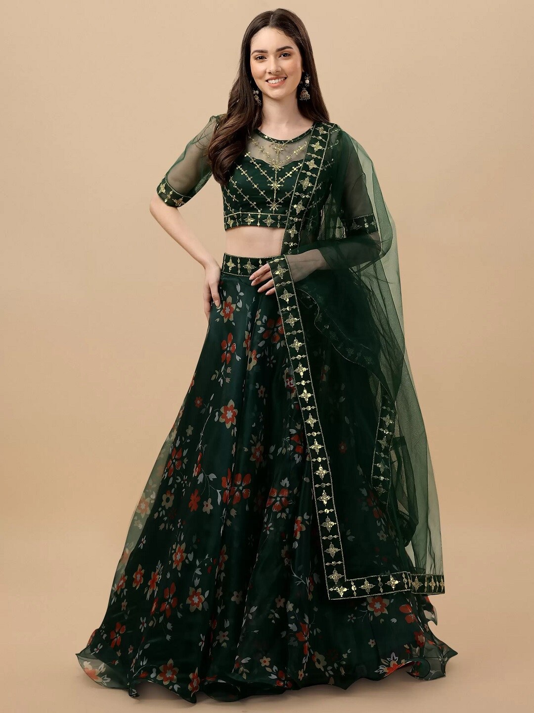 

BAESD Embroidered Sequinned Semi-Stitched Lehenga & Unstitched Blouse With Dupatta, Green