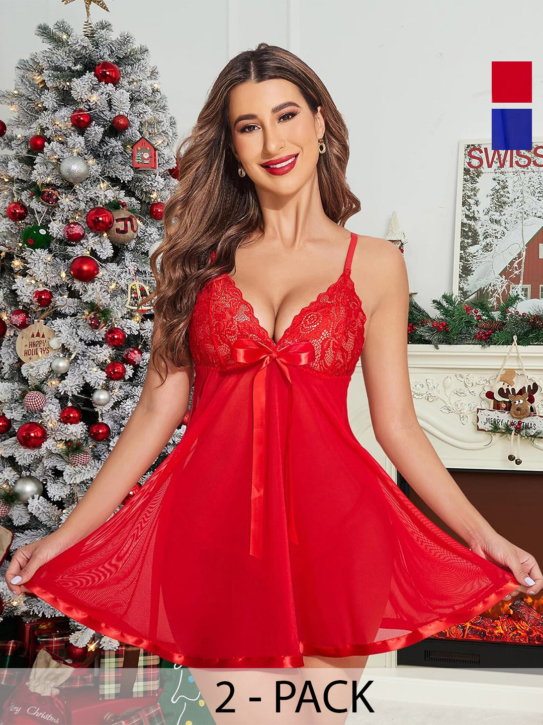 

AROUSY Women Net Baby Doll Pack of 2, Red