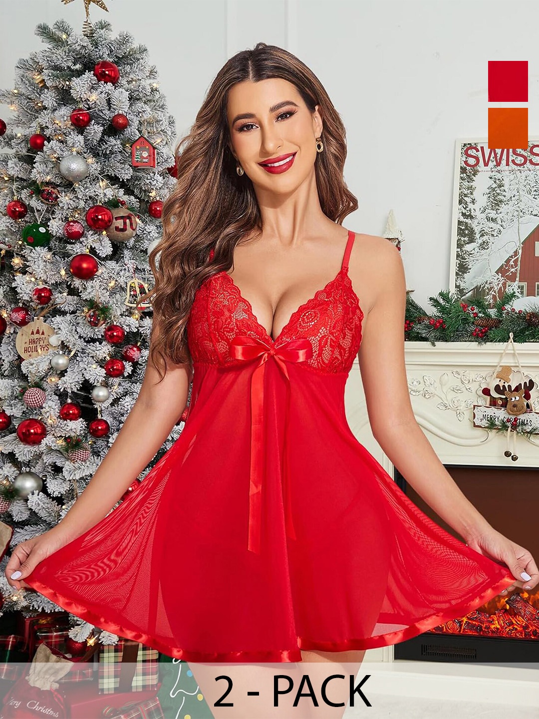 AROUSY Women Net Baby Doll Pack of 2, Red