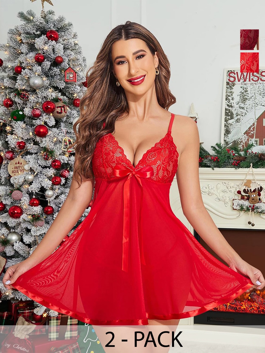

AROUSY Women Net Baby Doll Pack of 2, Red