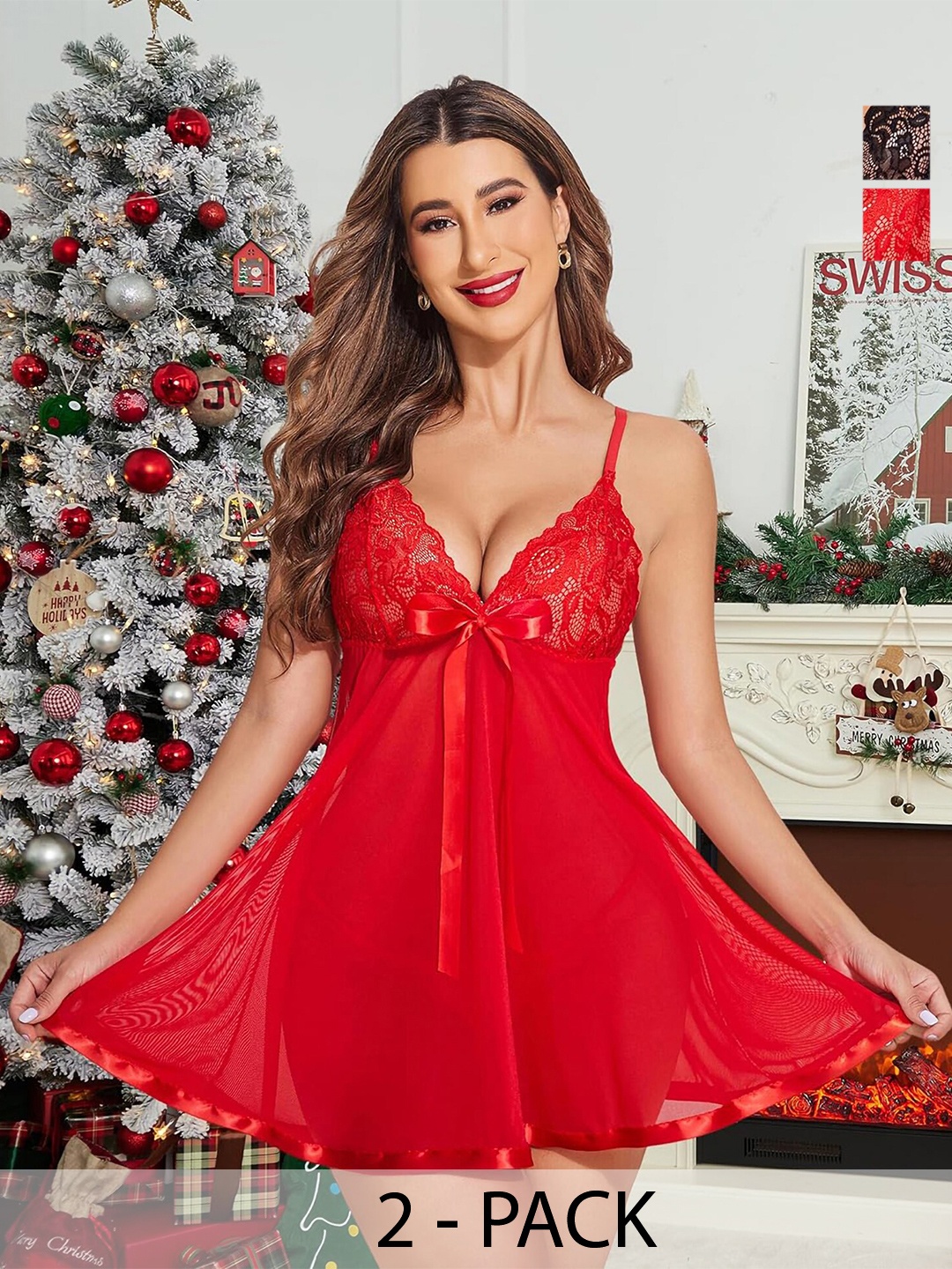 

AROUSY Women Net Baby Doll Pack of 2, Red
