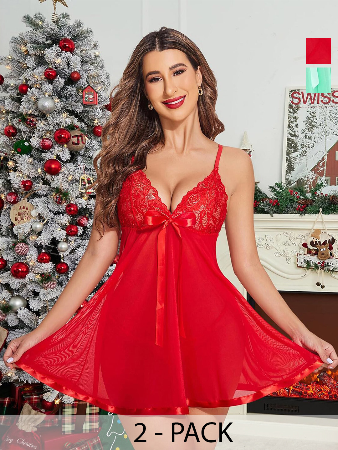 

AROUSY Women Net Baby Doll Pack of 2, Red