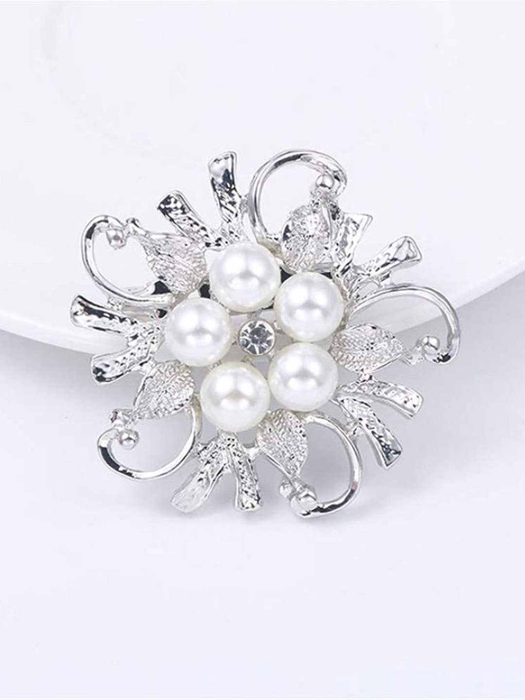 

SYGA Pearl Beaded & Rhinestone Crystals Studded Embellished Brooch, Silver
