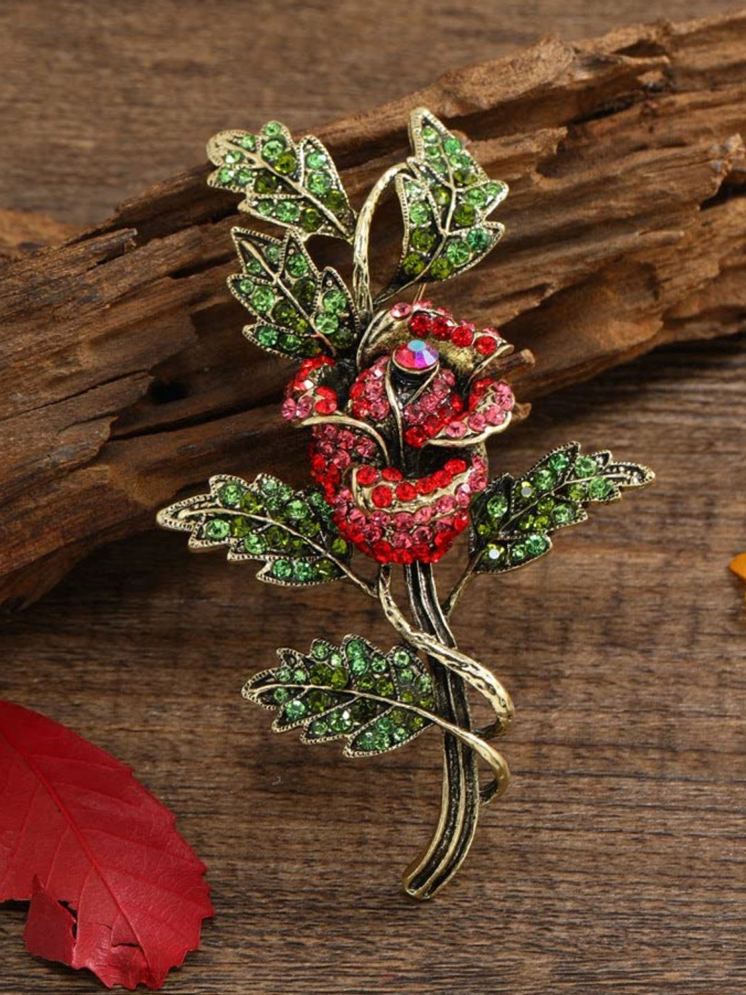 

SYGA Floral Design Rhinestone Crystal Studded Brooch, Red