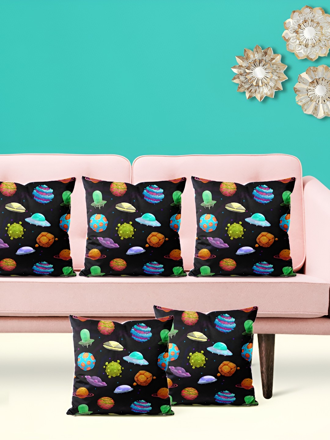 

ArtzFolio Black & Blue 5 Pieces Printed Square Cushion Covers