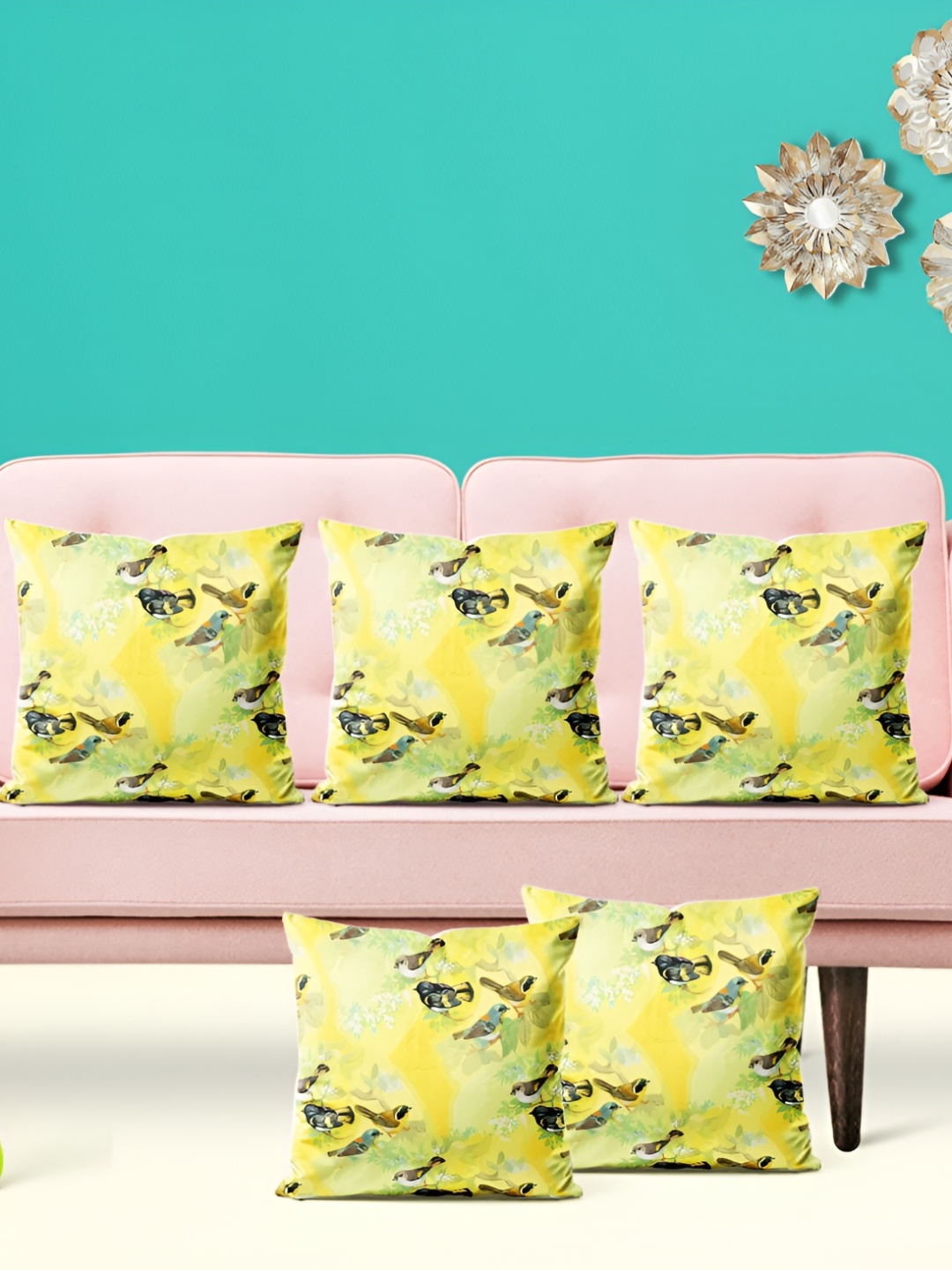 

ArtzFolio Yellow 5 Pieces Floral Velvet Square Cushion Covers