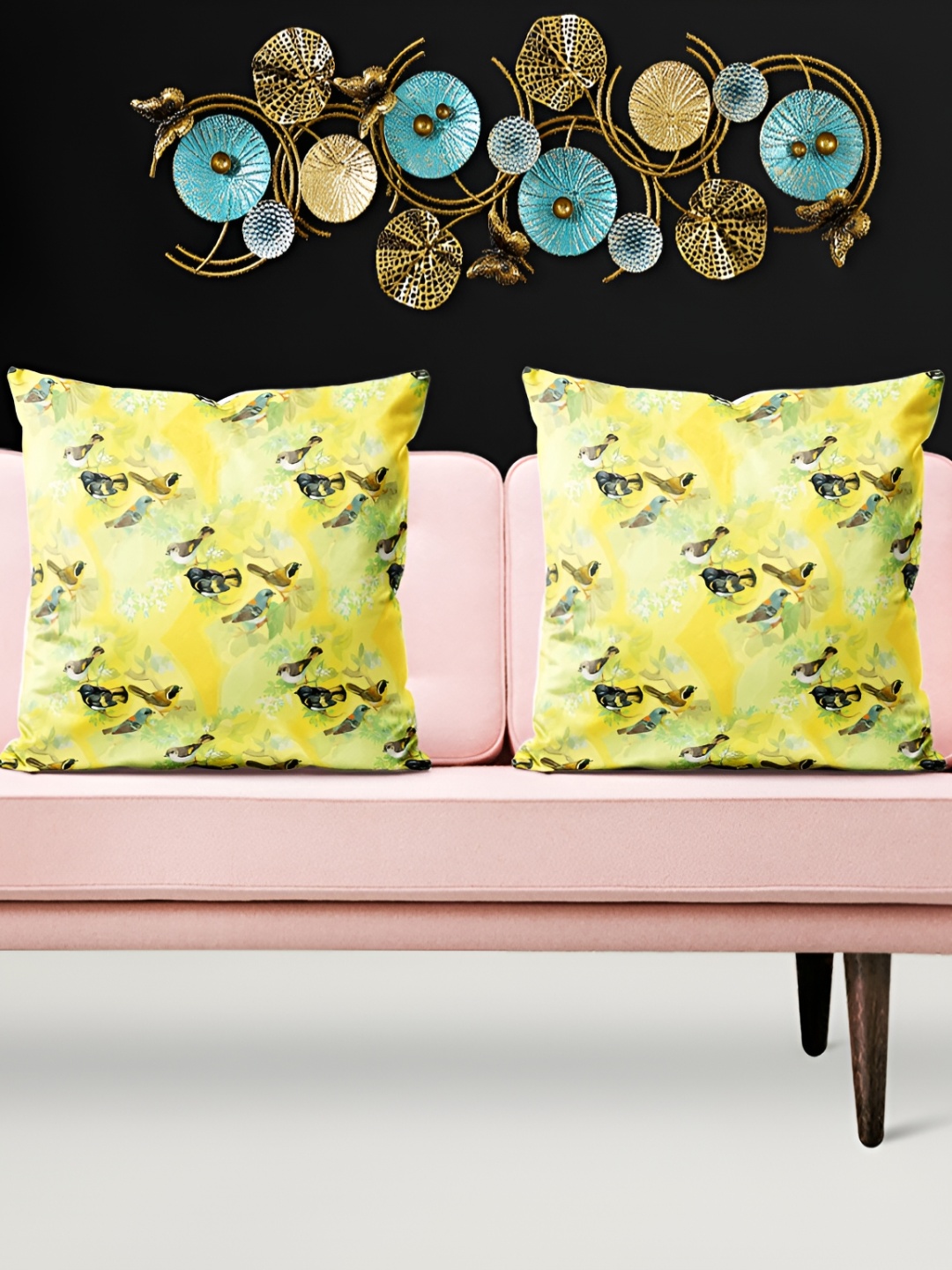 

ArtzFolio Yellow & Grey 5 Pieces Birds Printed Square Cushion Covers