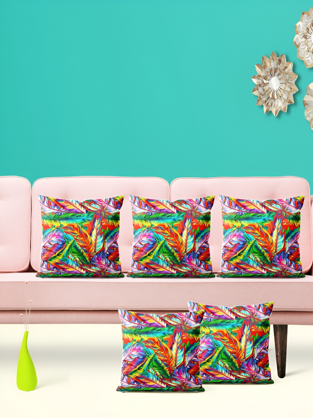 

ArtzFolio Green & Pink 5 Pieces Velvet Square Cushion Covers