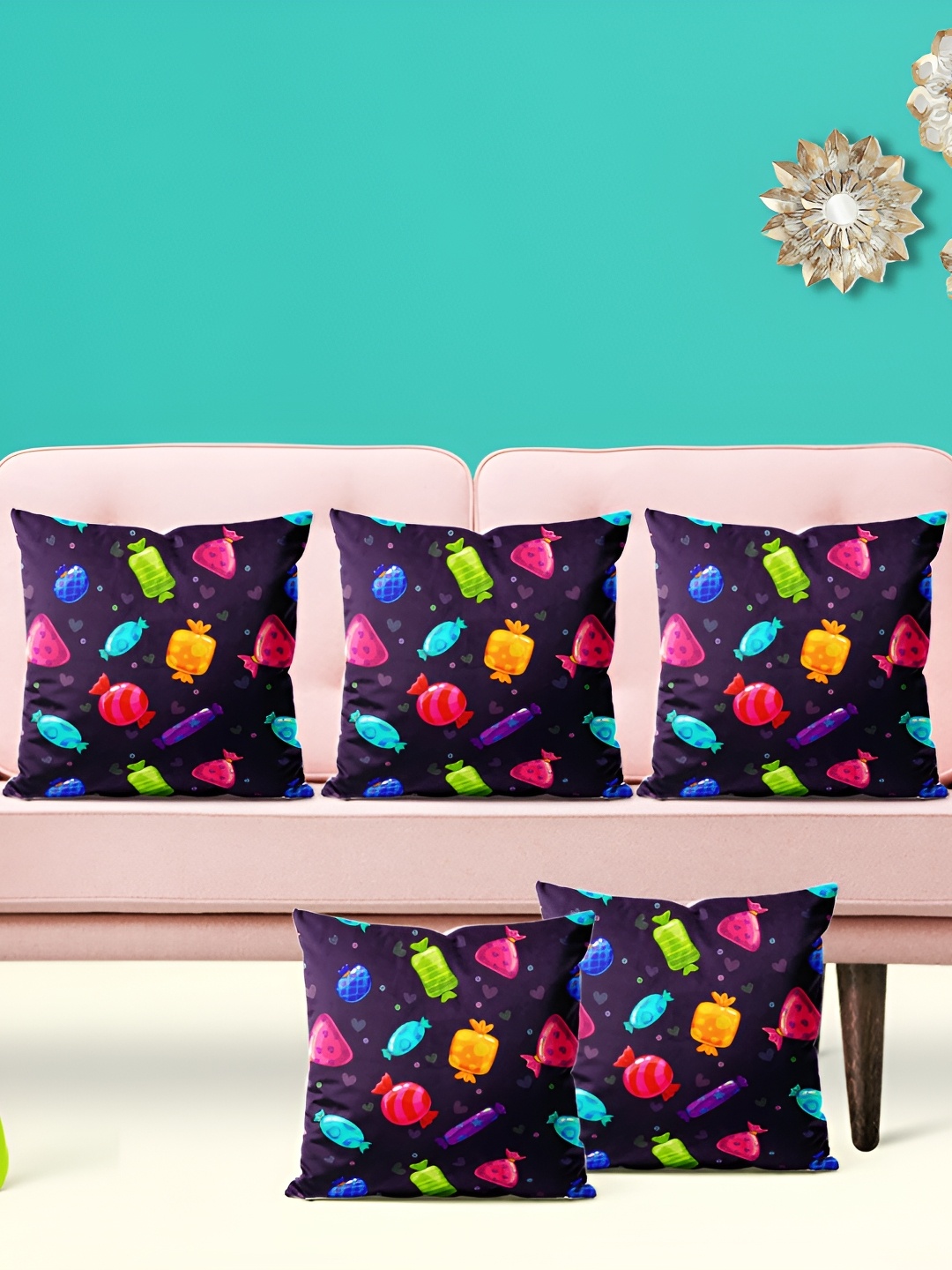 

ArtzFolio Purple & Red Printed 5 Pieces Velvet Square Cushion Covers