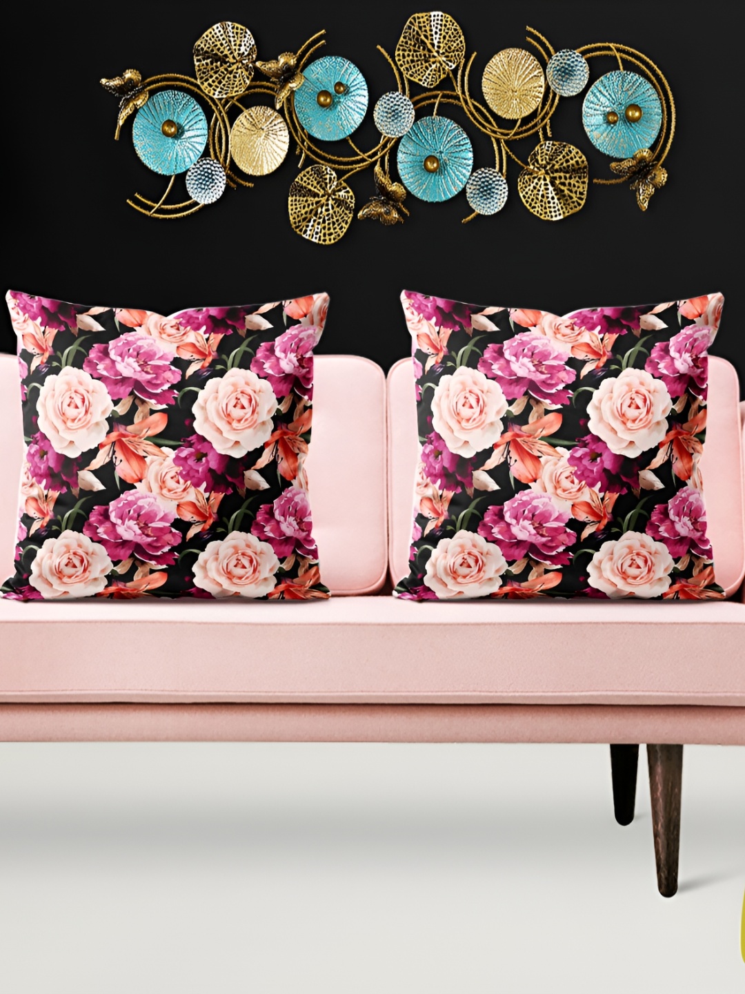 

ArtzFolio Black & Pink 5 Pieces Floral Velvet Square Cushion Covers