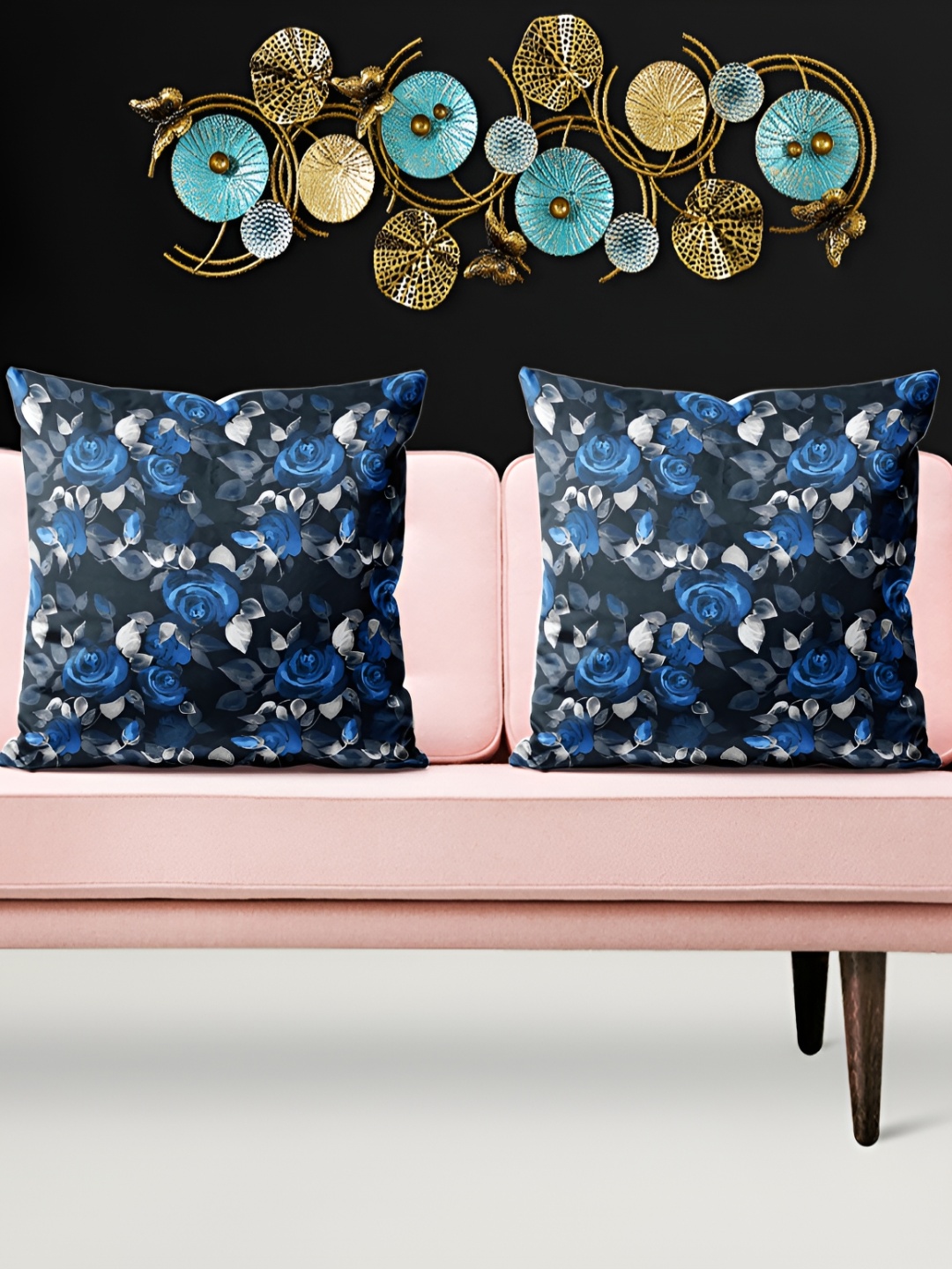 

ArtzFolio Black & Blue 5 Pieces Floral Printed Velvet Square Cushion Covers