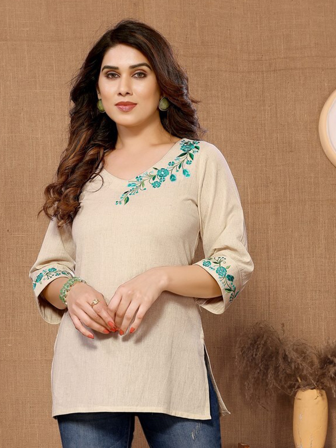 

Titanium Silk Industries Floral Embroidered Thread Work Pure Linen Straight Kurti, Beige