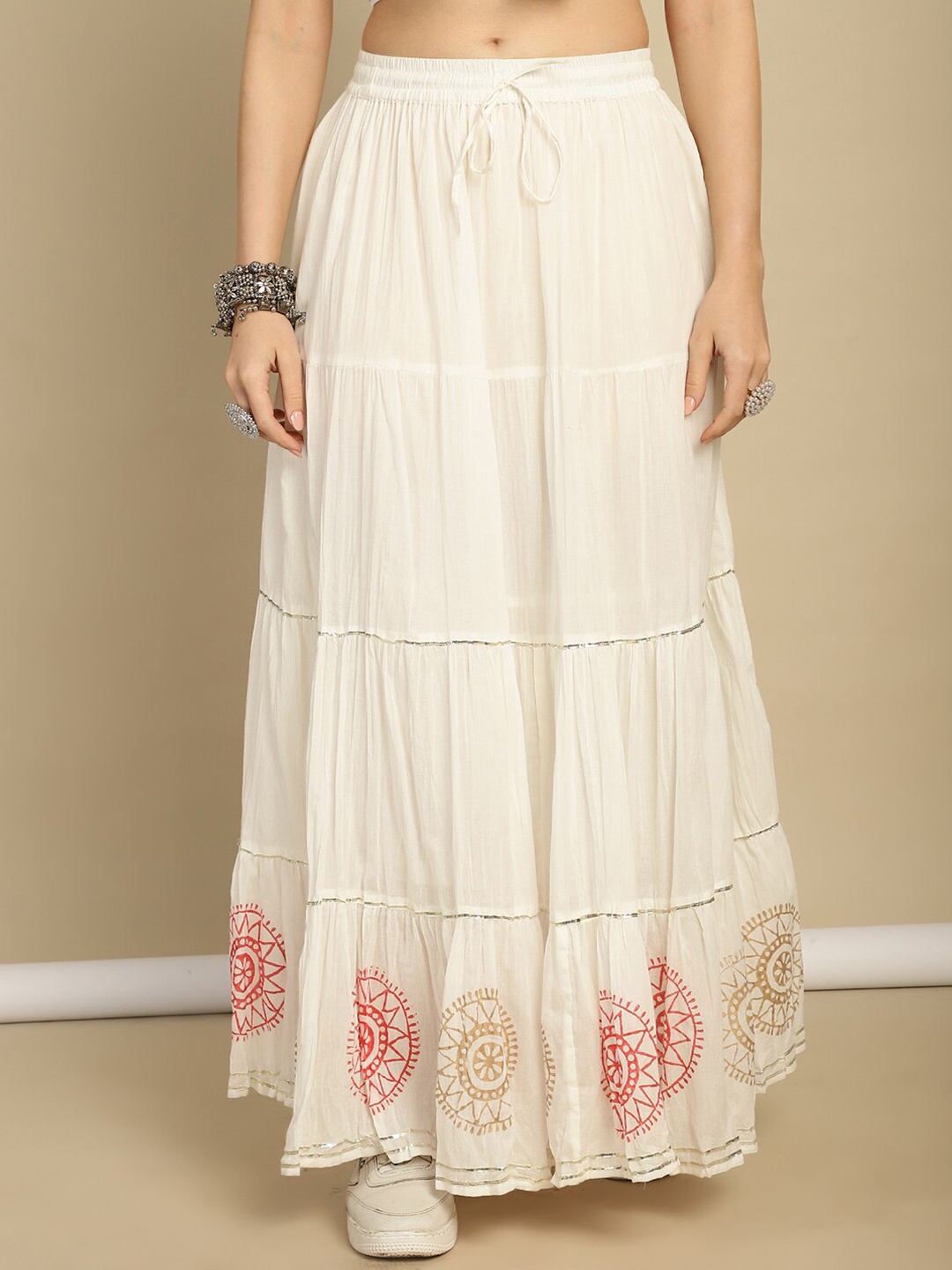 

Prakrti Printed Pure Cotton Tiered Maxi Skirt, Off white