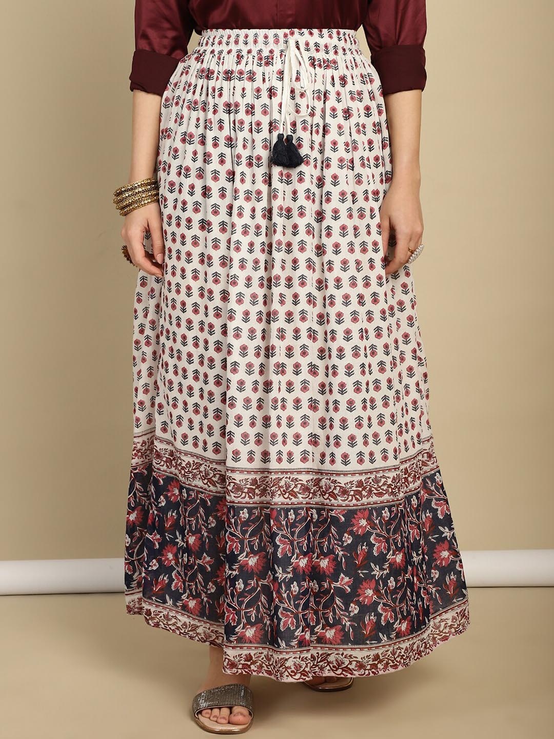 

Prakrti Printed Pure Cotton Flared Maxi Skirt, Navy blue