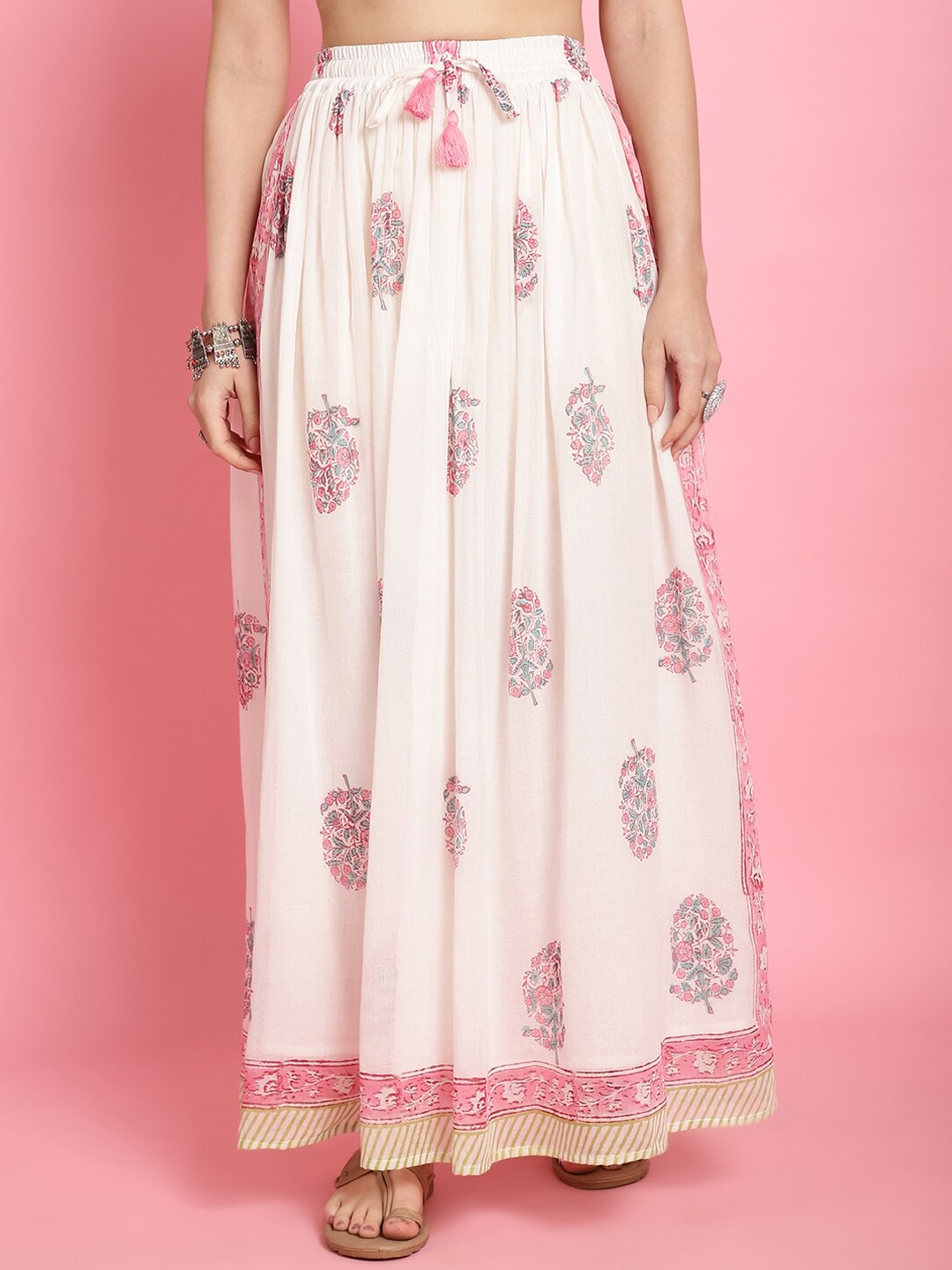 

Prakrti Printed Pure Cotton Flared Maxi Skirt, Off white