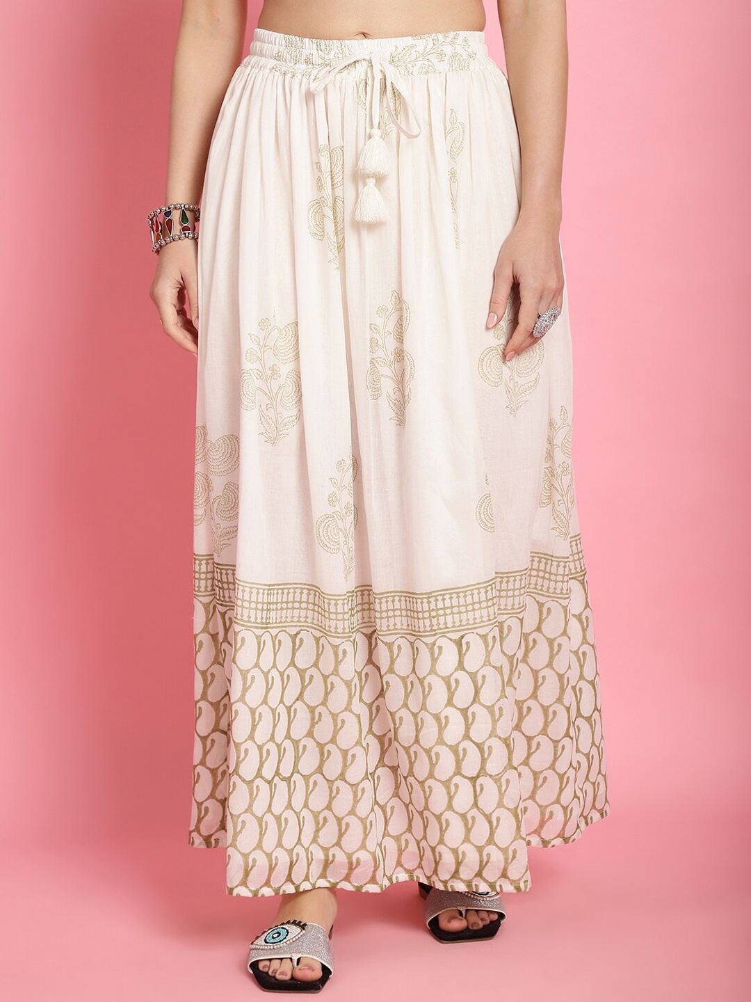 

Prakrti Printed Pure Cotton Flared Maxi Skirt, Olive
