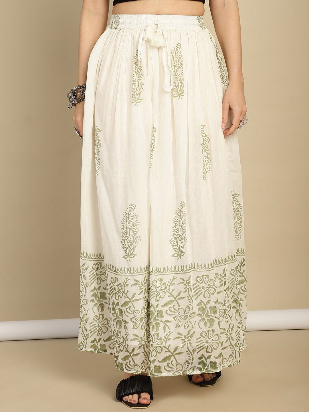 

Prakrti Printed Pure Cotton Flared Maxi Skirt, Green