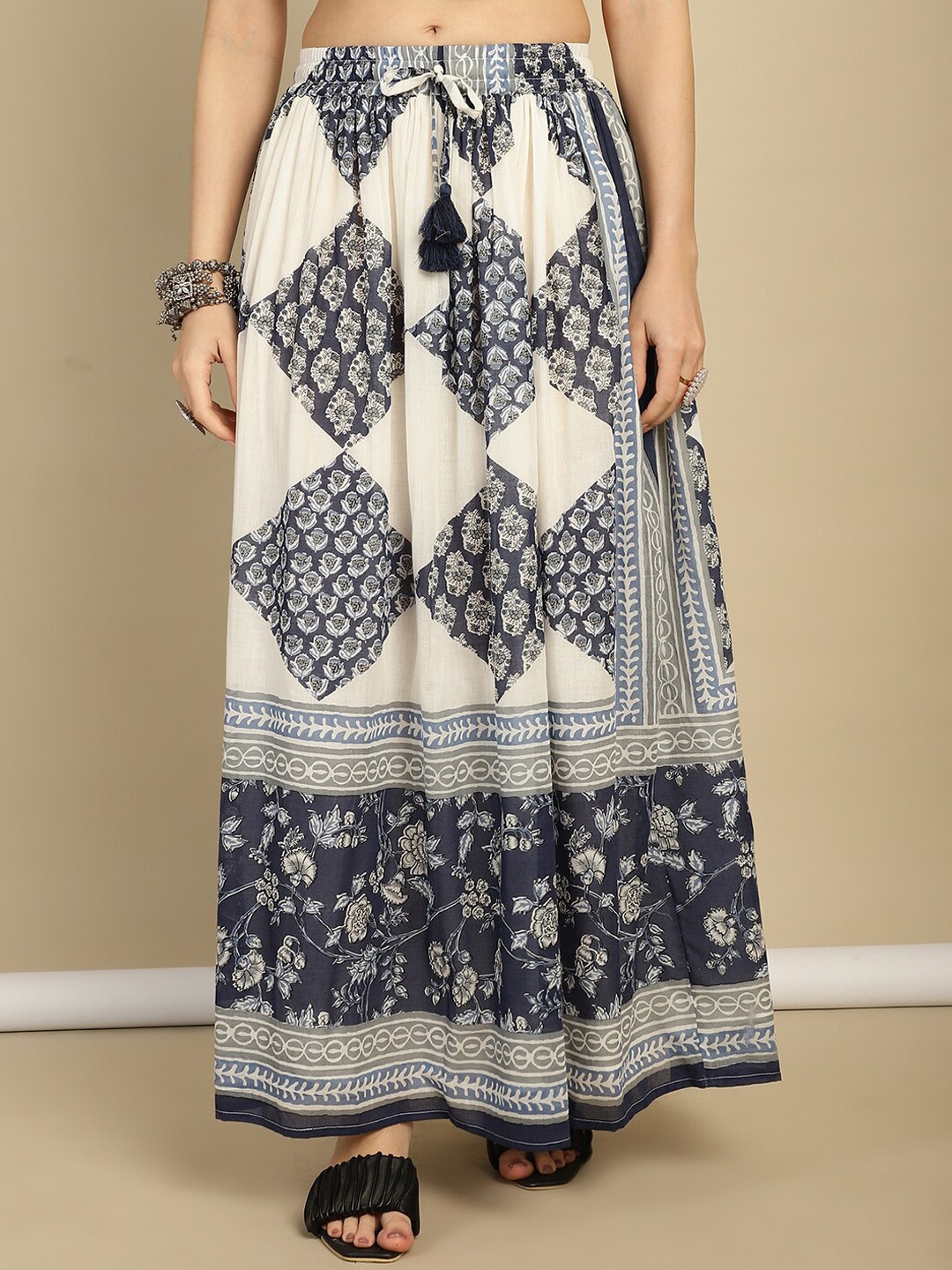 

Prakrti Printed Pure Cotton Flared Maxi Skirt, Navy blue